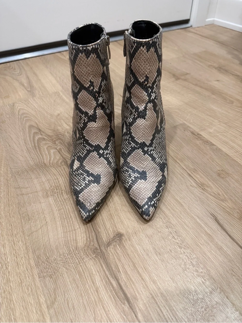Steven By Steve Madden Snake-Print Pointed Toe Ankle Boots in Beige and Black